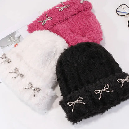 Metal Bow Plush Knitted Fur Bucket Hat