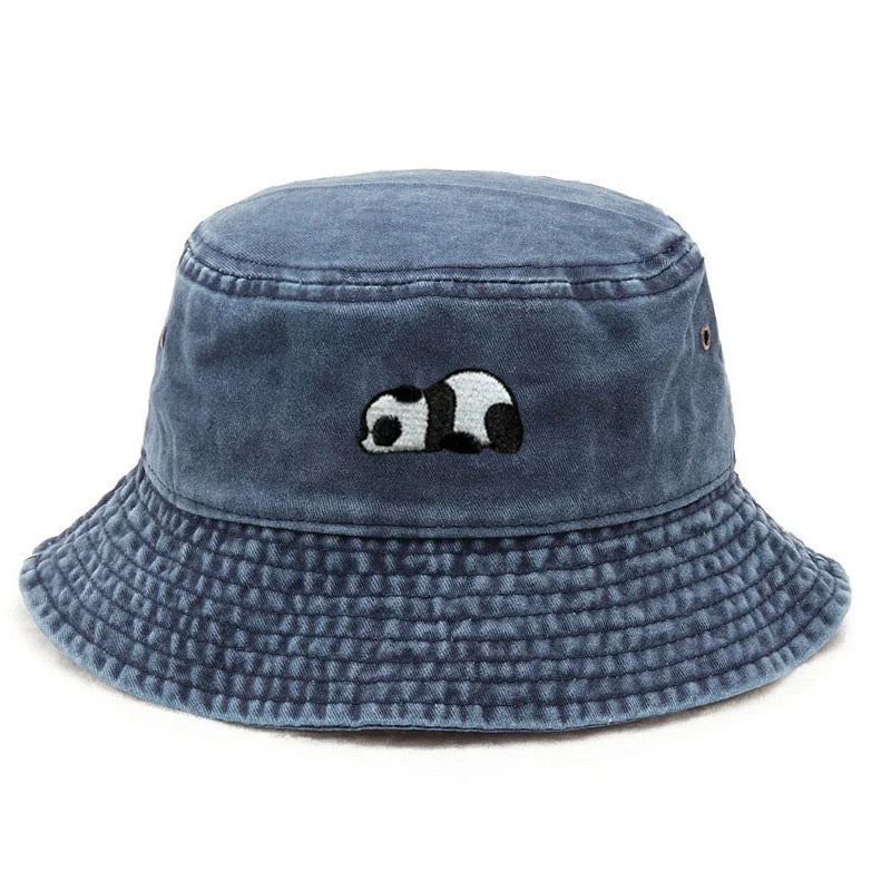 Washed Cotton Panda Embroidery Vintage Bucket Hat