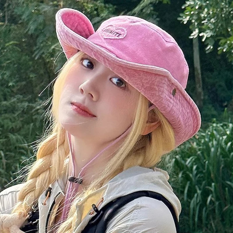 Japanese Retro Washed Pink Love Bucket Hat