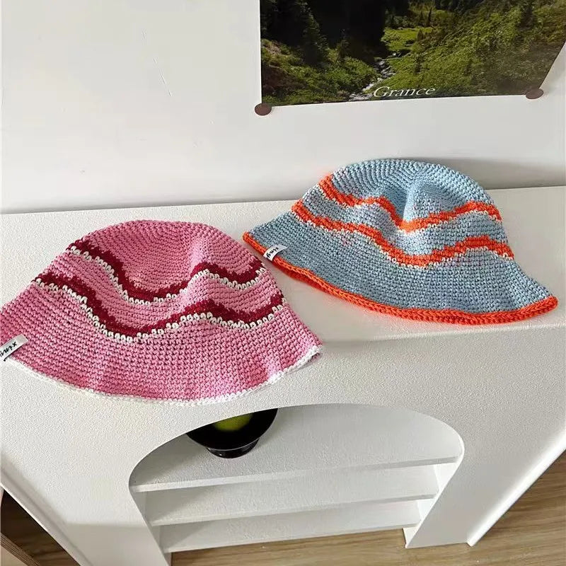 Japanese Korean Striped Colorblock Knitted Bucket Hat