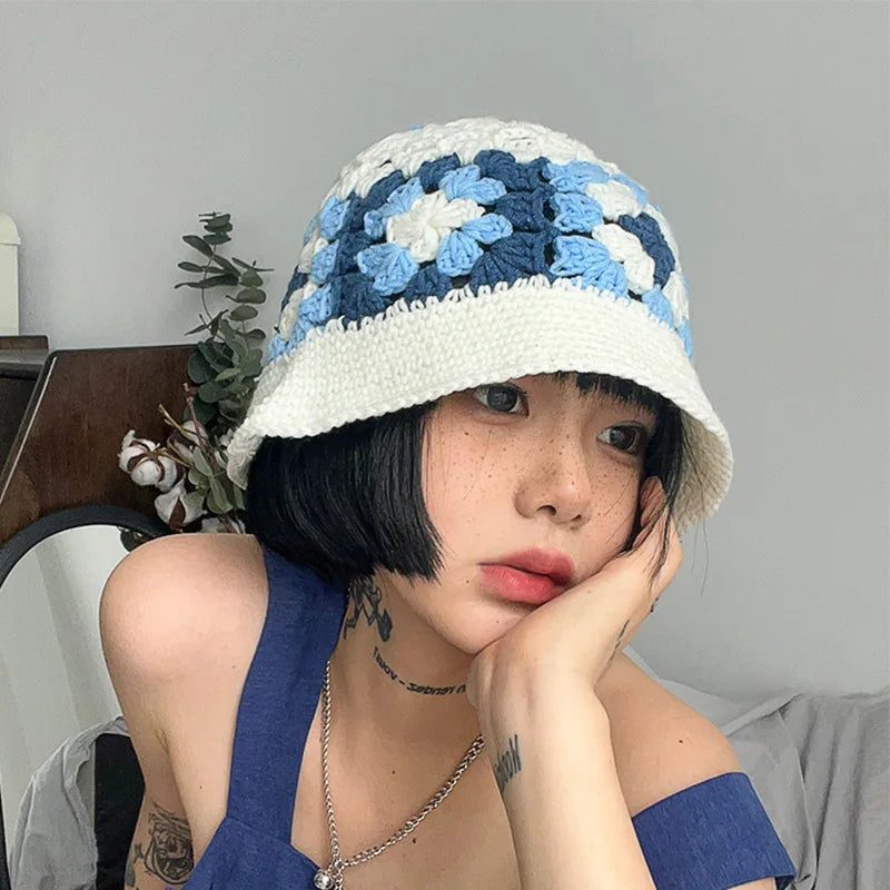 Women Hollow Flower Crochet Autumn Winter Bucket Hat