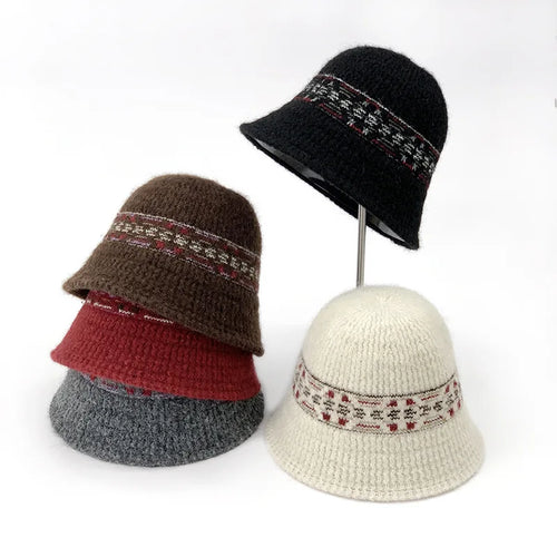 Ethnic Knitted Autumn Winter Bucket Hat Versatile Street Style