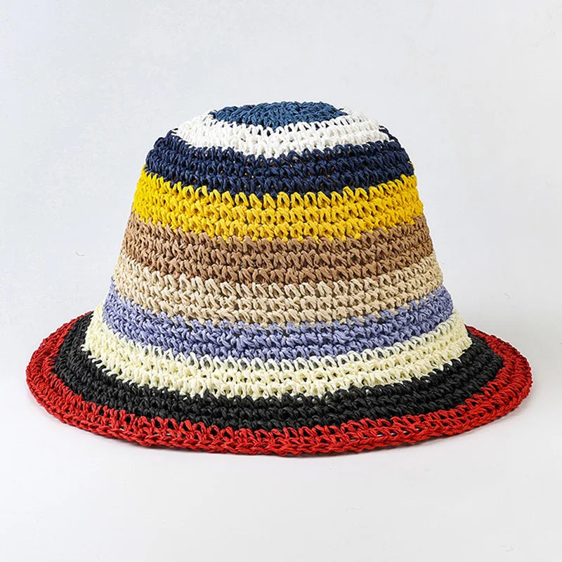 Summer Rainbow Striped Crochet Foldable Bucket Hat