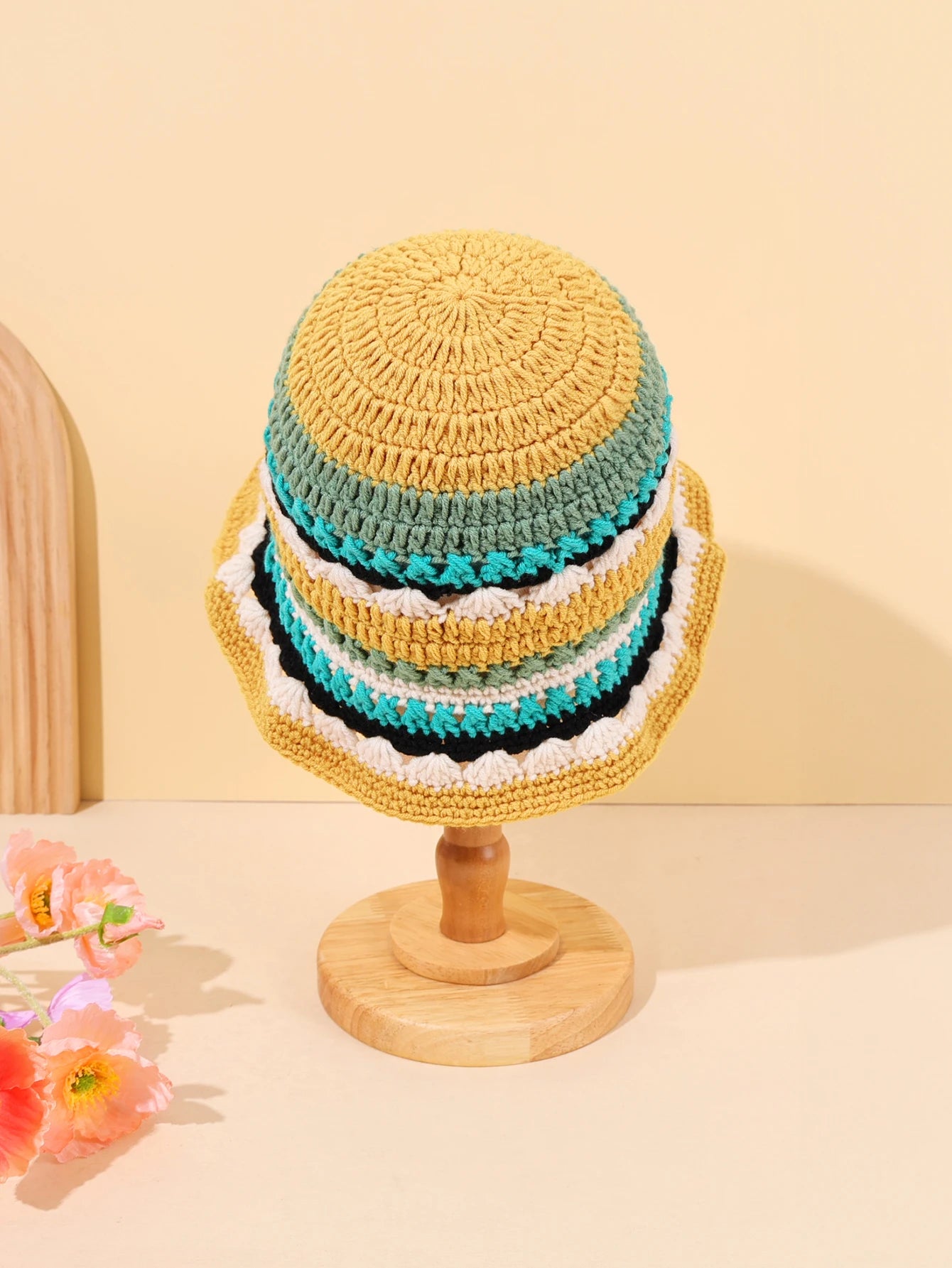 Color Block Woven Flower Bucket Hat