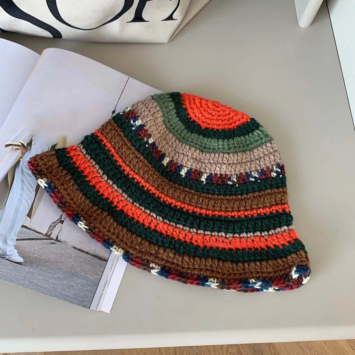 Womens Color Striped Knit Fisherman Bucket Hat
