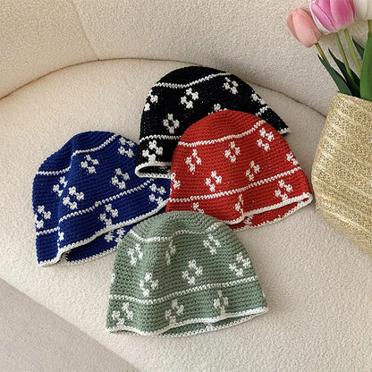 Korean Flower Crochet Handmade Panama Bucket Hat