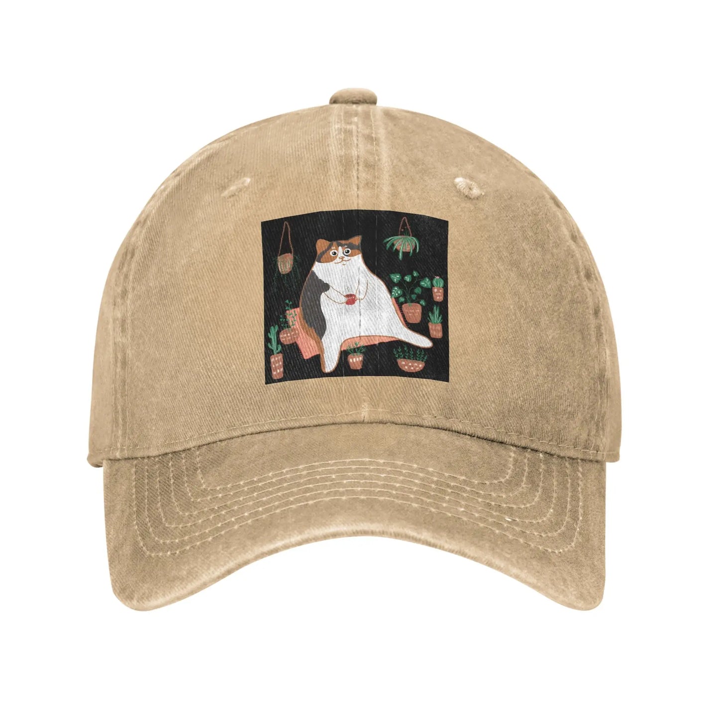 Calico Cat With Pot Plants Denim Adjustable Baseball Cap