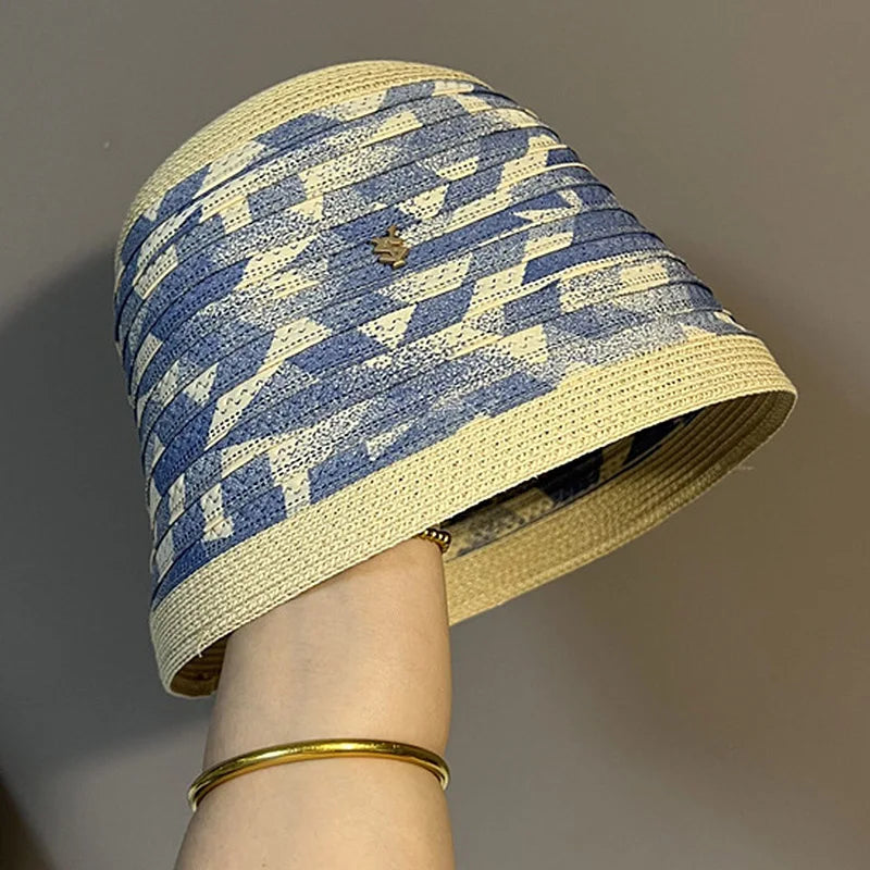 Luxury Pearl Chain Straw Bucket Hat