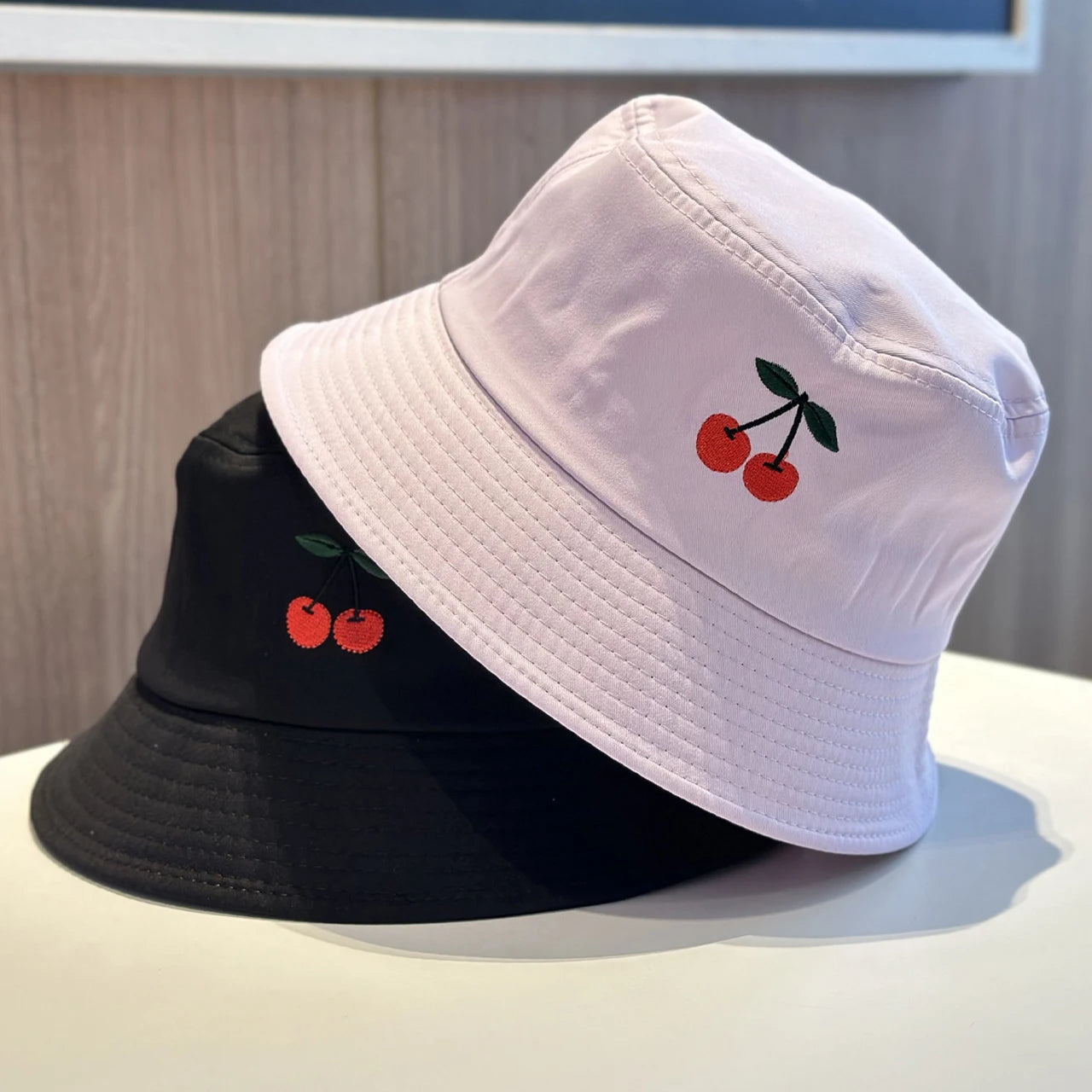 Solid Color Cherry Embroidered Cotton Bucket Hat