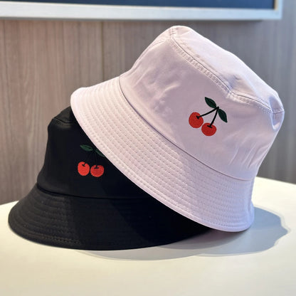Solid Color Cherry Embroidered Cotton Bucket Hat