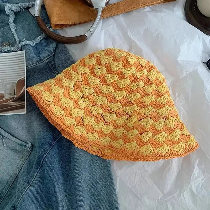 Korean Color Matching Hollow Straw Bucket Hat
