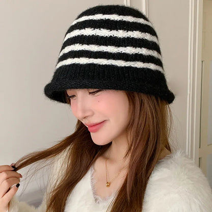 Korean Style Striped Knitted Winter Bucket Hat
