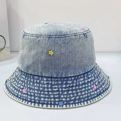 Korean Four Season Denim Flower Embroidered Bucket Hat