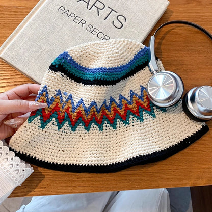 Korean Color Matching Handwoven Wide Brim Knitted Bucket Hat
