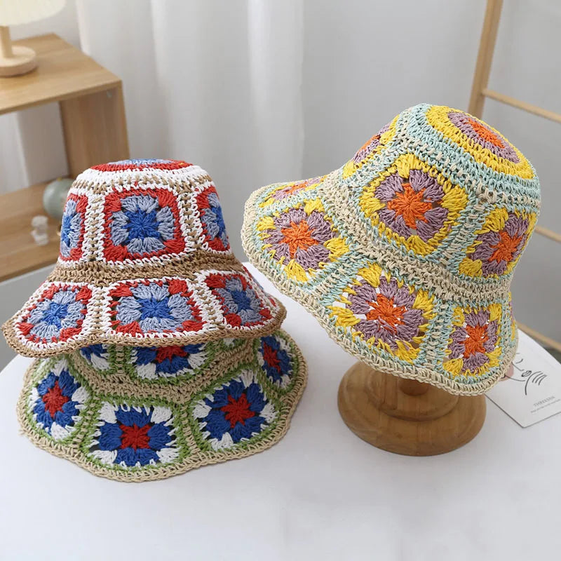Japan Korea Crochet Straw Flower Bucket Hat
