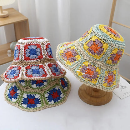 Japan Korea Crochet Straw Flower Bucket Hat
