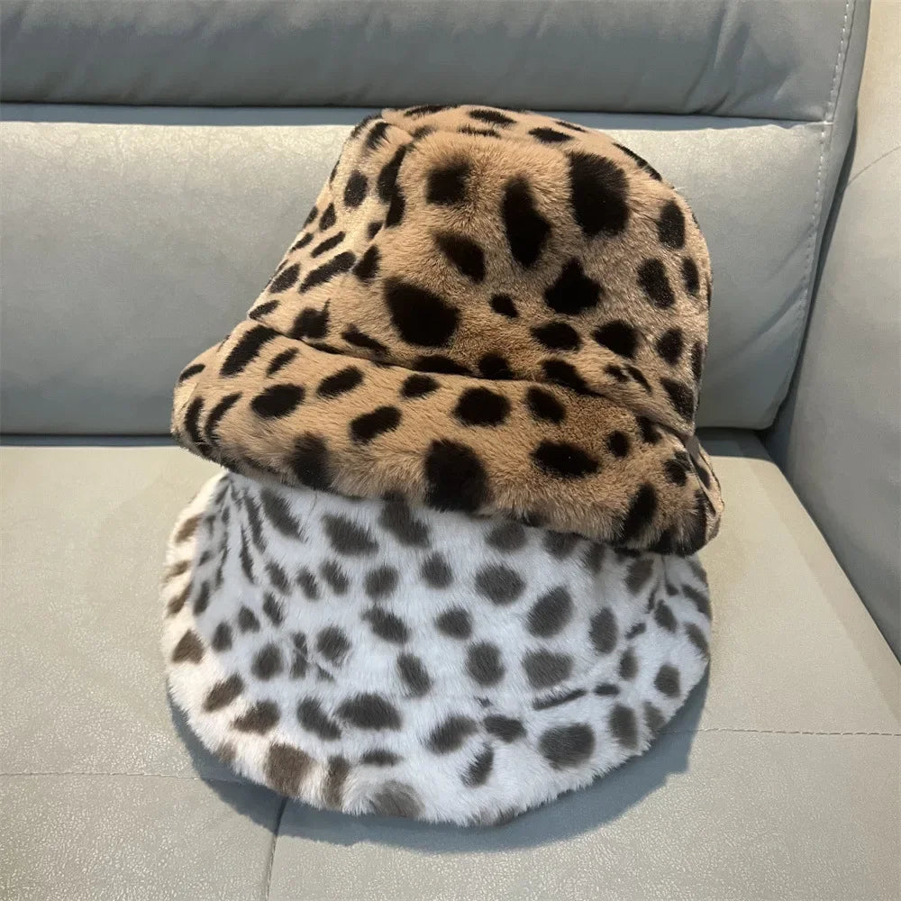 Cow Print Faux Fur Bucket Hat