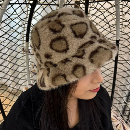 Vintage Leopard Plush Fur Winter Bucket Hat