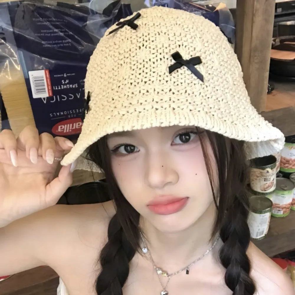 Mini Bow Korean Straw Beach Bucket Hat
