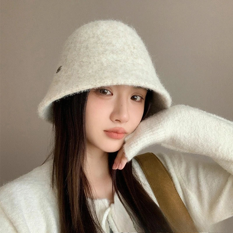 Winter Wool Solid Bucket Hat for Women