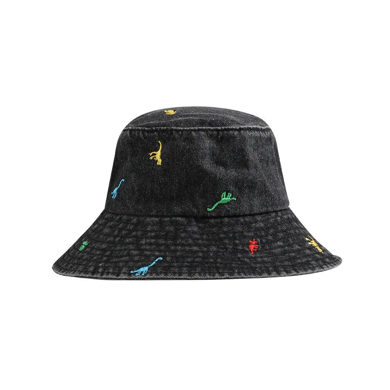 Denim Dinosaur Embroidery Cute Summer Bucket Hat
