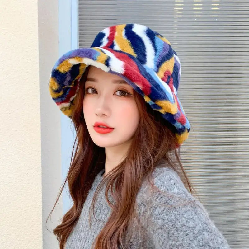 Plush Colorblock Rabbit Fur Bucket Hat
