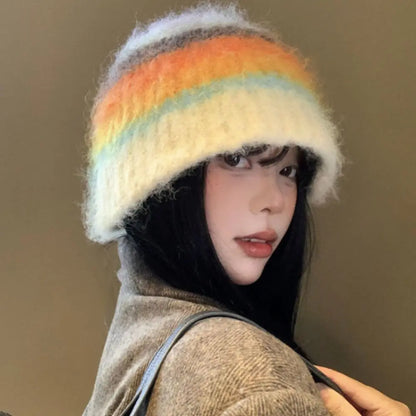 Korean Y2k Striped Woolen Warm Bucket Hat