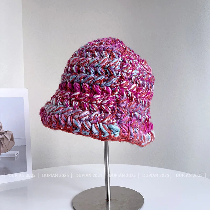 Dopamine Color Coarse Wool Knitted Winter Bucket Hat
