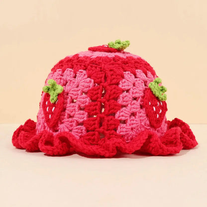 Strawberry Embroidery Lotus Edge Wool Bucket Hat