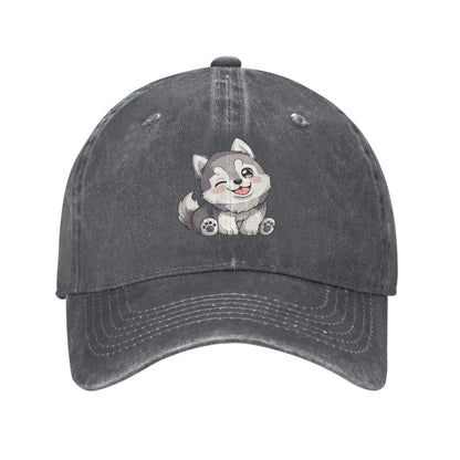 Cute Winking Kawaii Husky Denim Baseball Cap
