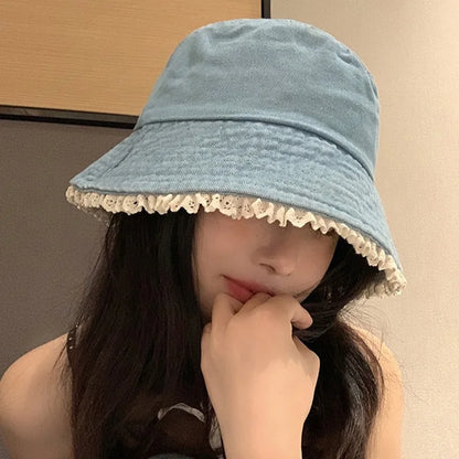 Lace Ruffle Denim Korean Wide Brim Bucket Hat