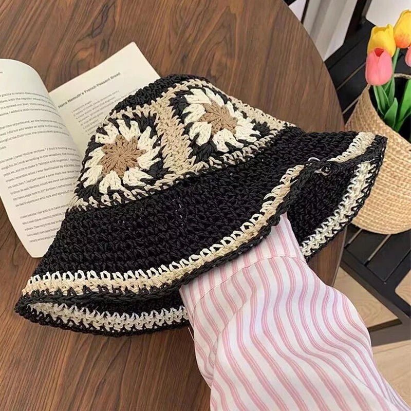 Spring Summer Hollow Crochet Straw Visor Bucket Hat