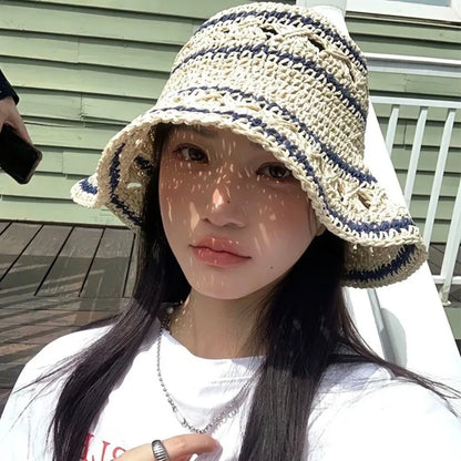 Korean Handmade Straw Crochet Vacation Bucket Hat