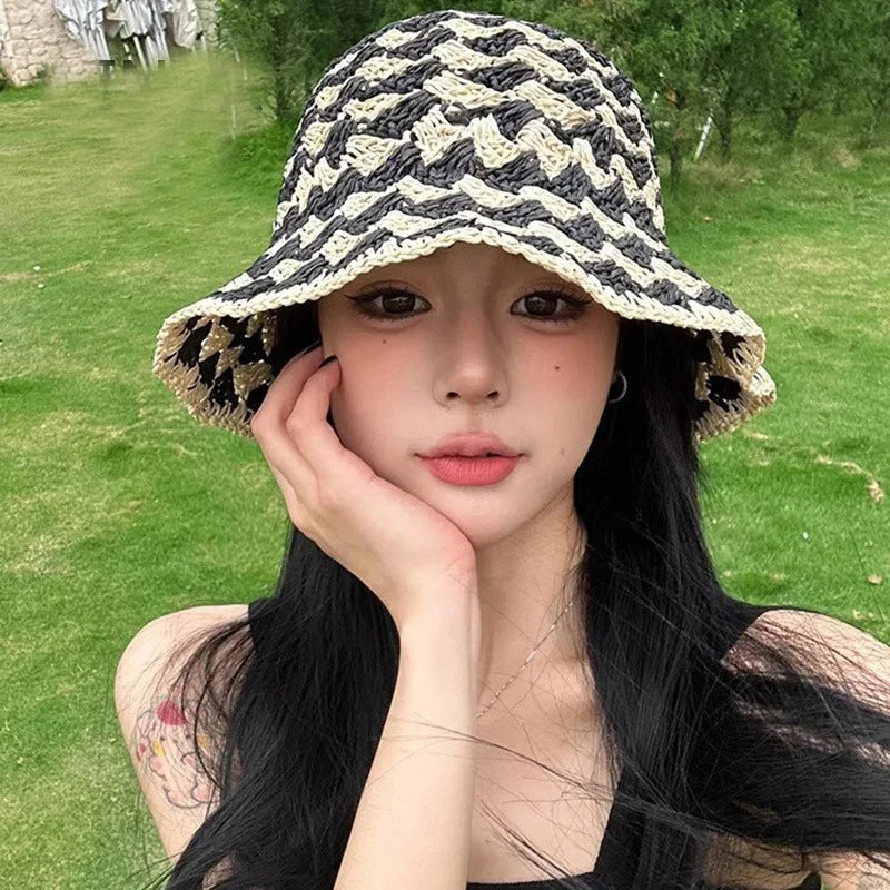 Korean Color Matching Hollow Straw Bucket Hat