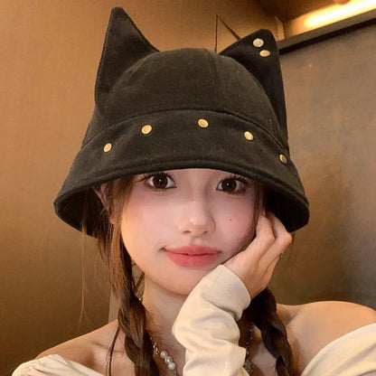 Women Cat Ear Rivet Bucket Hat
