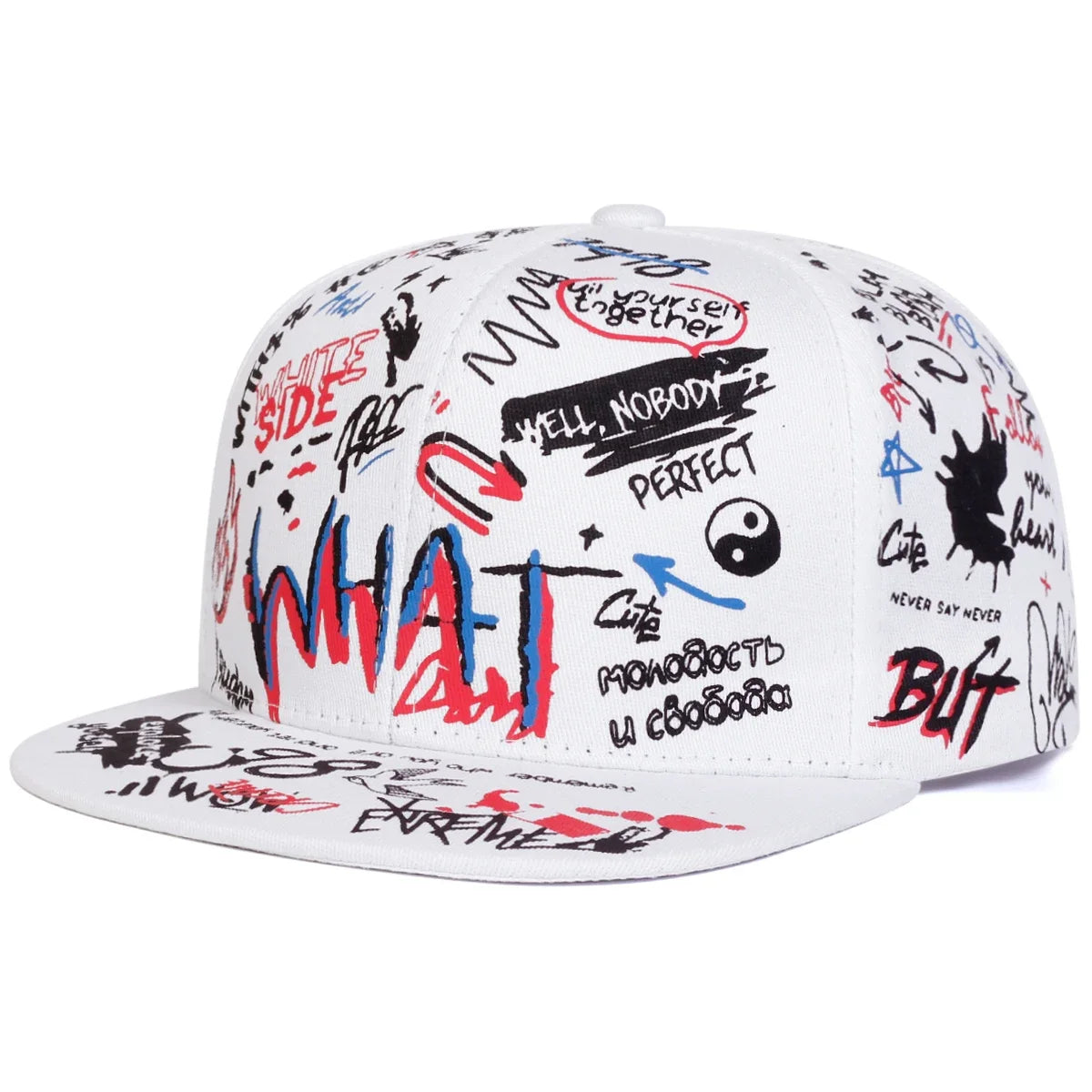 Unisex WHAT Graffiti Print Hip Hop Snapback Cap