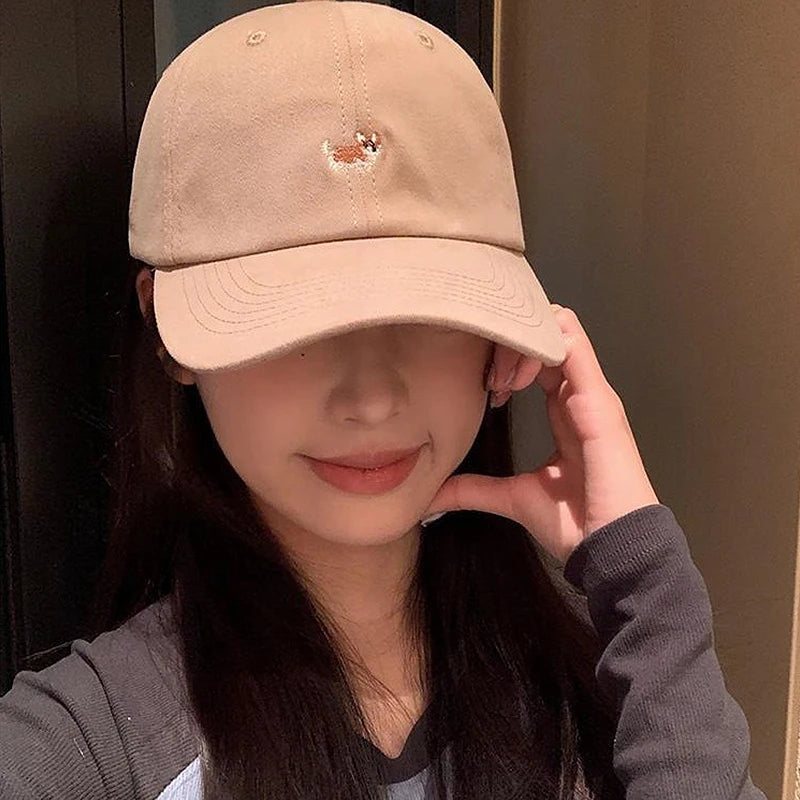 Dog Embroidery Adjustable Cotton Long Brim Baseball Cap