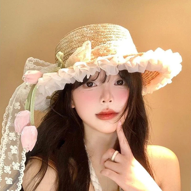 Womens Sun Protection Tulip Bow Grass Bucket Hat