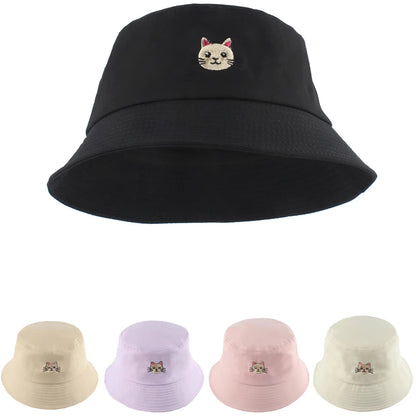 Summer Cat Embroidered Cotton Bucket Hat