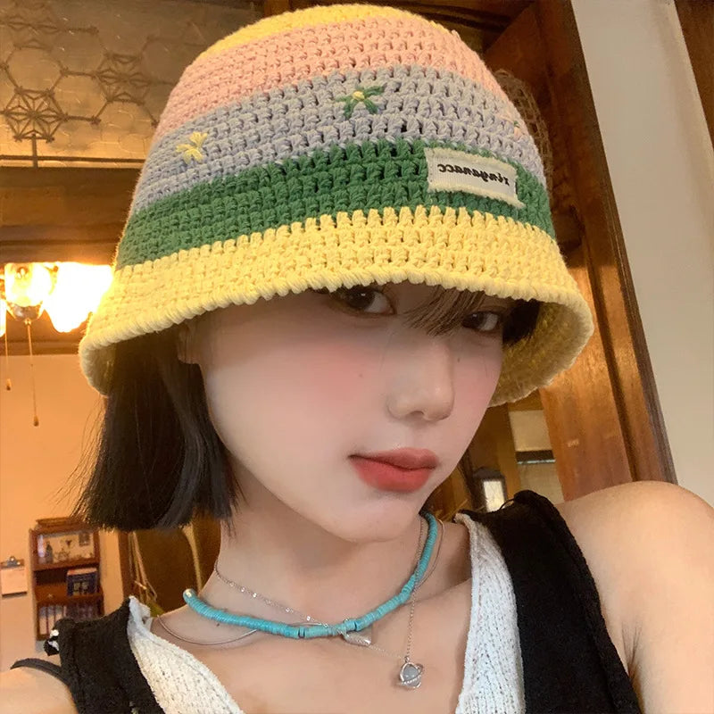 Sweet Cute Striped Flower Large Brim Bucket Hat