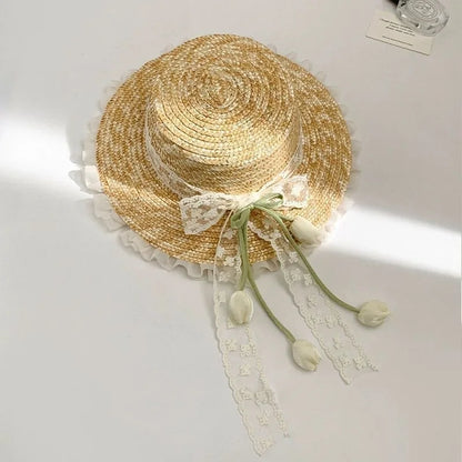 Womens Sun Protection Tulip Bow Grass Bucket Hat