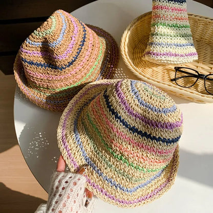 Womens Striped Rainbow Straw Summer Bucket Hat