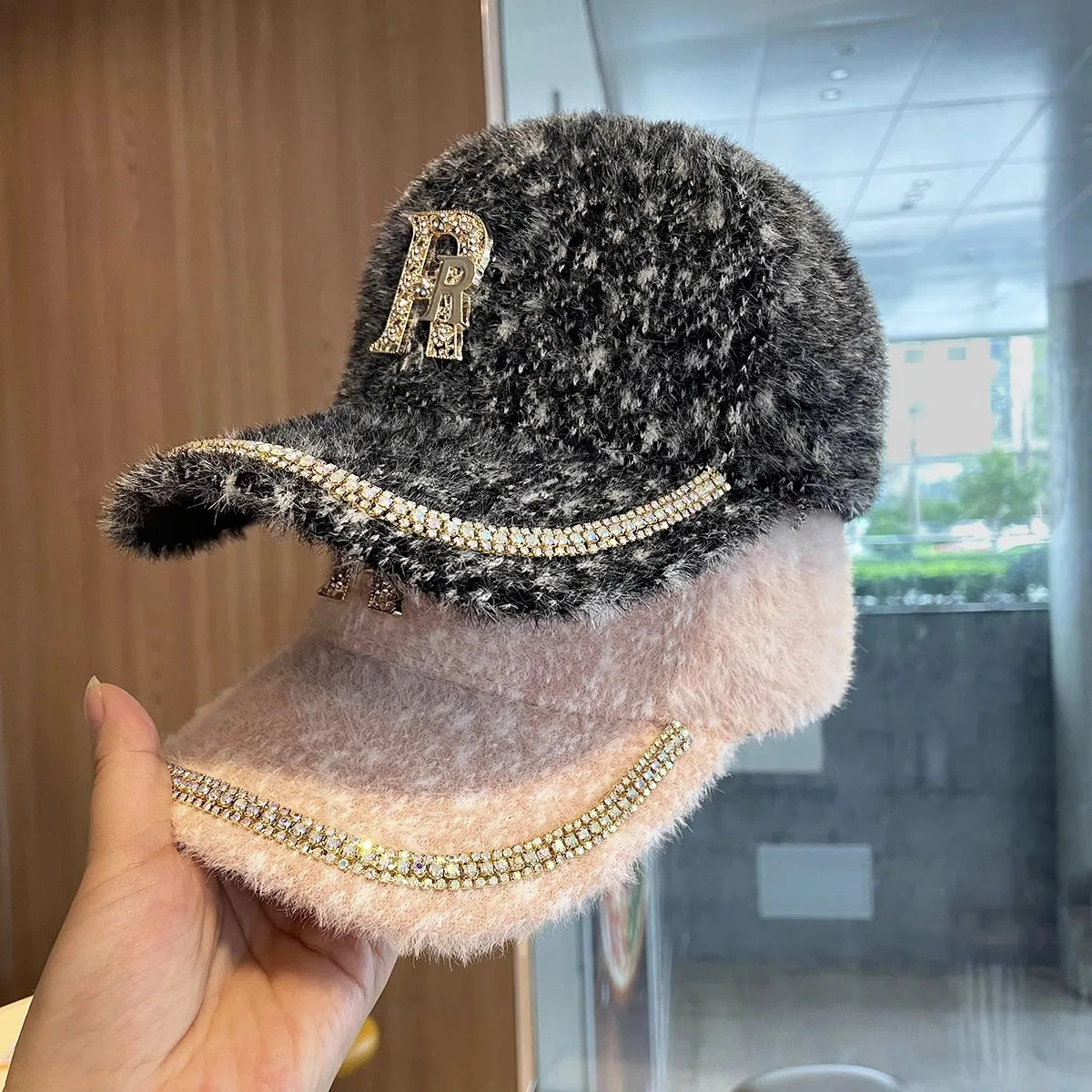 Rhinestone Alphabet Mink Fur Kids Baseball Cap