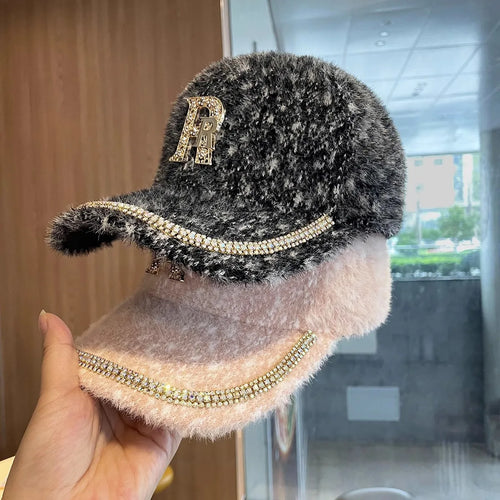 Rhinestone Alphabet Mink Fur Kids Baseball Cap