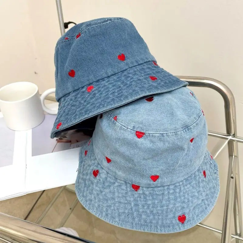 Women’s Embroidered Heart Denim Bucket Hat