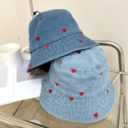 Women’s Embroidered Heart Denim Bucket Hat