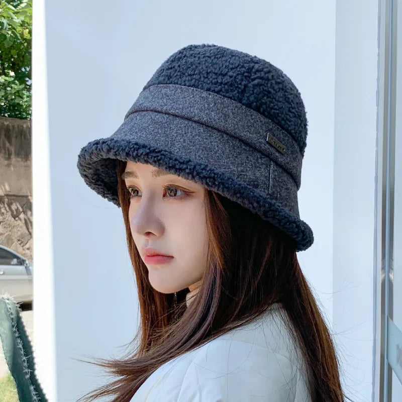 Autumn Winter Knitted Plush Warm Bucket Hat for Women