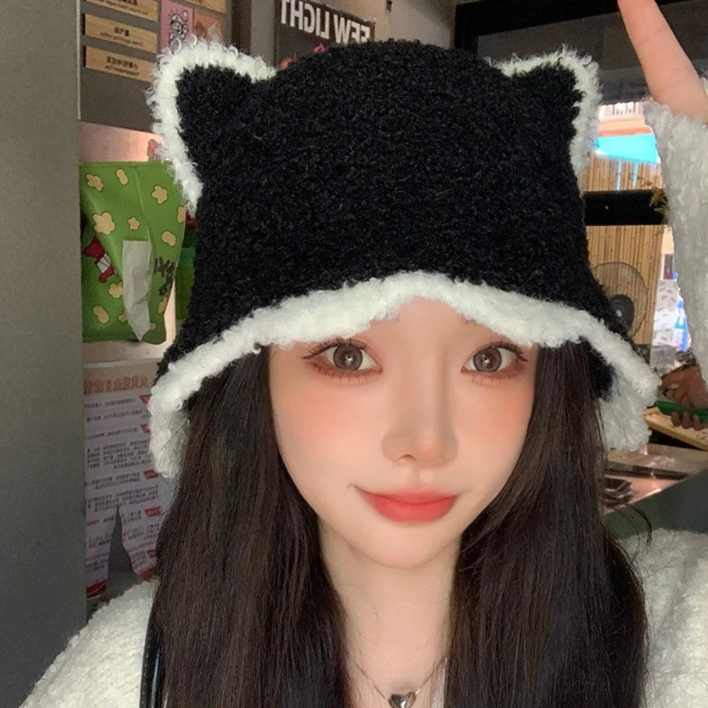 Plush Knit Cat Ears Bucket Hat