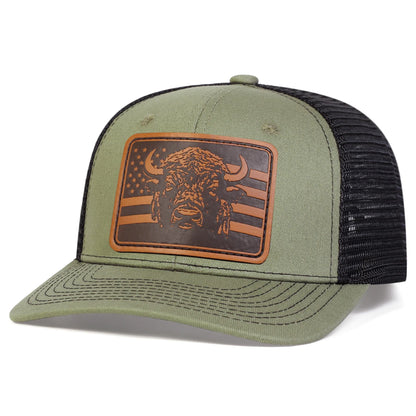 Unisex Brown Flag Bull Head Leather Label Baseball Net Caps