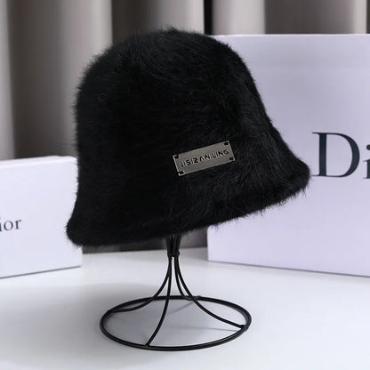 Korean Iron Letter Rabbit Fur Bucket Hat